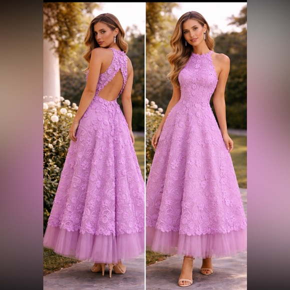 Blush Prom Dresses & Skirts - Blush prom halter, sleeveless Lilac Lace
3-D floral for prom or special occasion